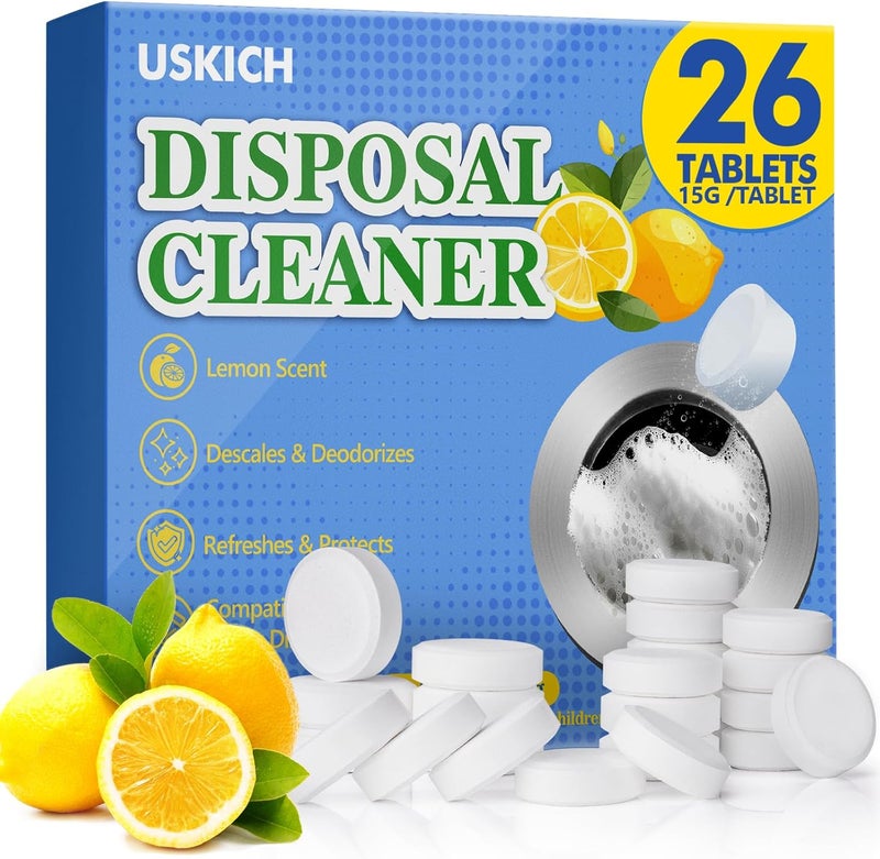 USKICH Garbage Disposal Cleaner Deodorizer Tablets 26Pack,XL Powerful Foaming Kitchen Sink Cleaners- Fresh Lemon Scented Disposal Cleaner, Natural Drain Garbage Disposer Cleaning- 1 Year Supply - Image 1